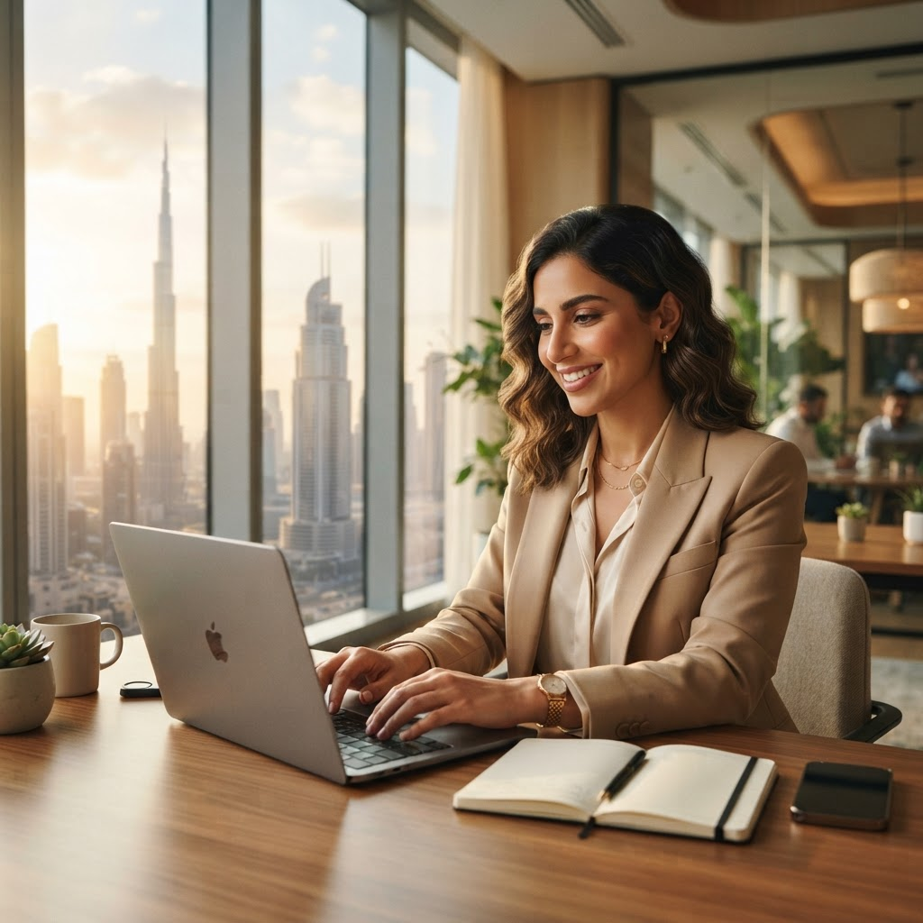 Founder working at a laptop in a sunlit office